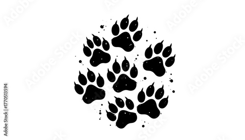 Black paw print arrangement. Group of dark animal footprints scattered around an enclosed cluster on a plain white backdrop. Simple graphic