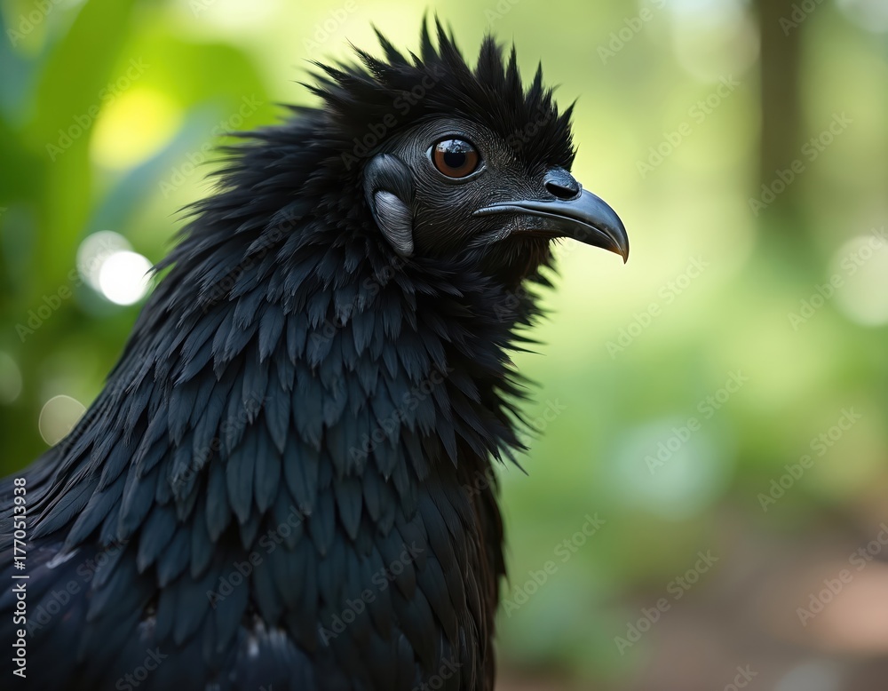 Fototapeta premium Rare Ayam Cemani chicken poses in rich green plants. This all black bird has unique black comb wattles and feathers. Indonesian poultry breed looks intently forward.