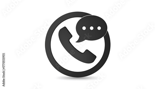 Black phone icon with speech bubble inside a circle on a white background with soft shadows creates depth