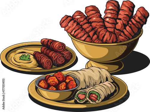 Vector art of assorted traditional foods such as grilled kebabs, hummus dip, stuffed wraps, meat rolls, and spicy meatballs, beautifully presented in golden bowls and plates, vibrant and appetizing di