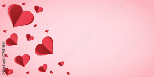 A delicate pink background with red 3D paper hearts placed along the edge. Perfect for greeting cards, banners, invitations, and social media posts. There is space for text. Vector.