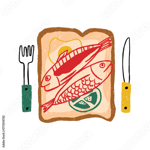 hand drawn bread and fish mediterranean illustration
