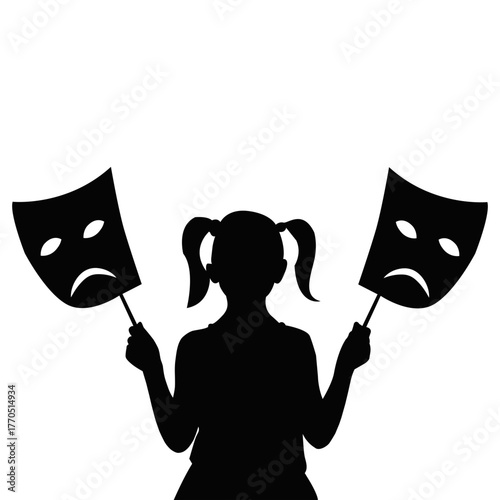 Girl Silhouette Holding Two Sad Masks