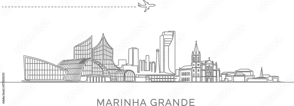 Fototapeta premium Marinha Grande Skyline with Airplane and Dashed Line