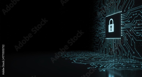 Digital security padlock displayed on illuminated motherboard chip represents network safety and cyber protection against online threats effectively.
