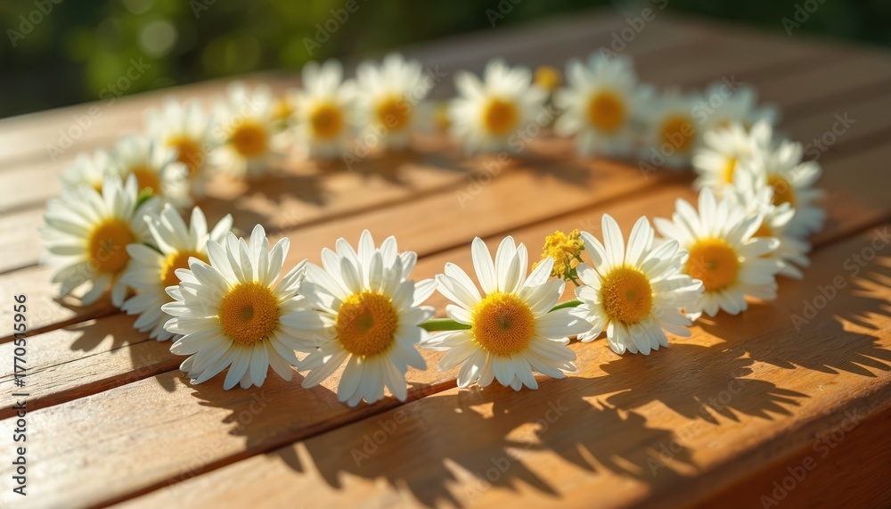 Obraz premium White daisies arranged in a heart shape on a wooden table outdoors. Flowers are in bright sunlight with shadows on the wood. Daisies are fresh and beautifully lit with natural light.