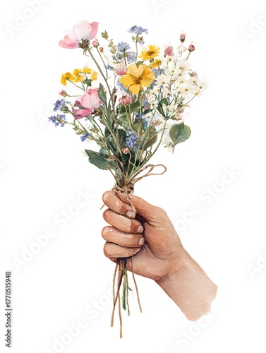 Watercolor hand holding a delicate bouquet of wildflowers with twine bow on textured paper, perfect for greeting cards, botanical prints