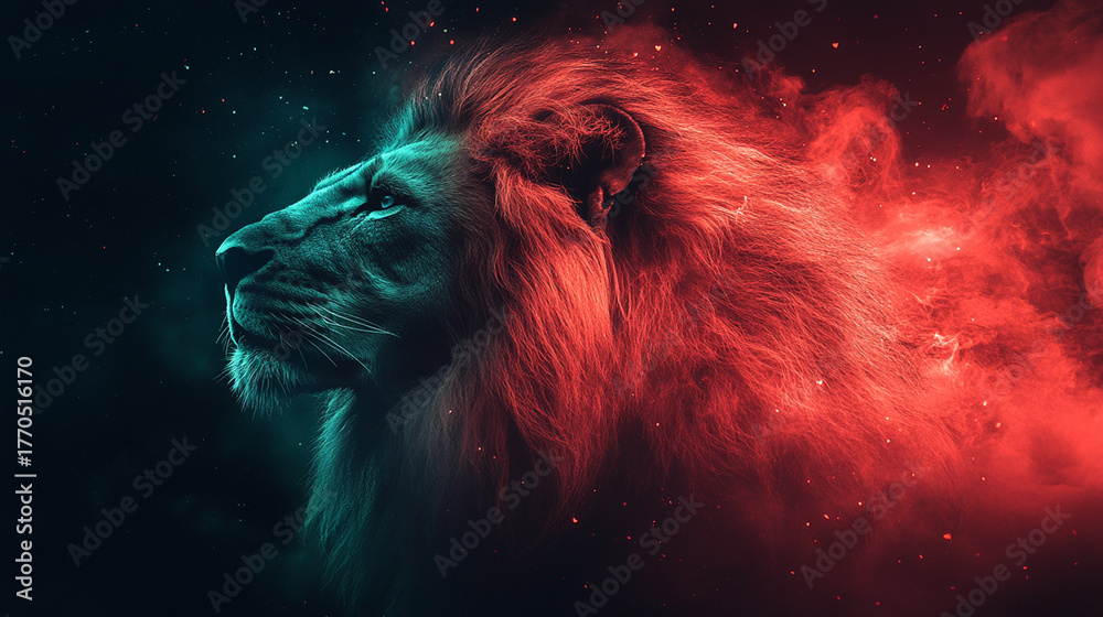 Naklejka premium Majestic lion profile, cosmic nebula background, power, mystery