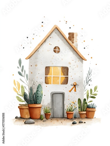 Tall watercolor house with glowing windows surrounded by potted plants on white background, perfect for greeting cards, whimsical prints