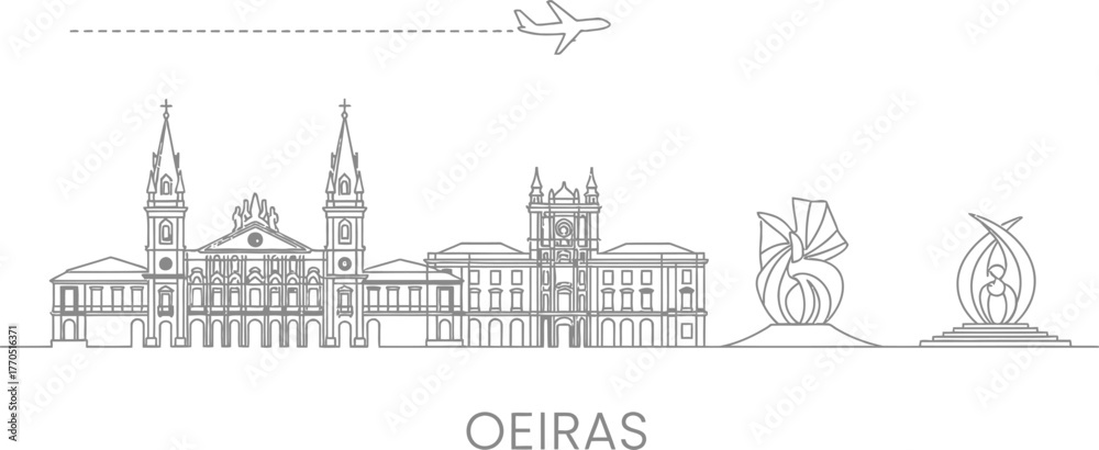 Naklejka premium Oeiras skyline with airplane illustration