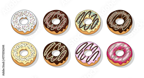 set of donuts collection vector illustration of sweet desserts and bakery treats
