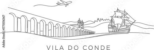 Vila do Conde Landmark Skyline with Aqueduct Ship and Airplane Line Art