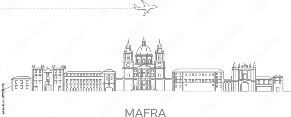 Obraz premium Mafra Portugal Landmark Skyline with Airplane and Travel Line