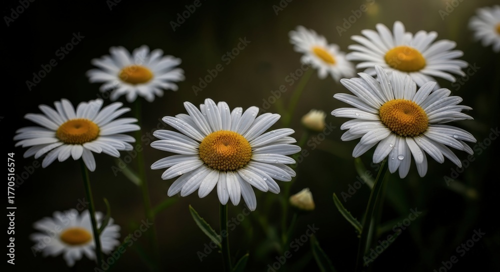 Fototapeta premium Beautiful white daisies blooming in soft sunlight