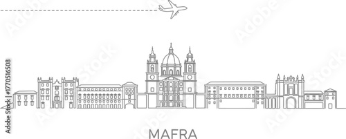 Mafra Portugal Landmark Skyline with Airplane and Travel Line