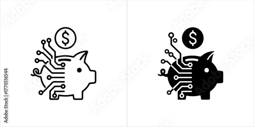 Outline and silhouette of a piggy bank with a circuit board and dollar coin