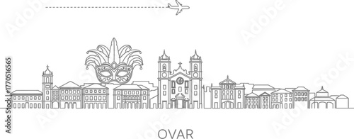 Ovar City Skyline with Carnival Mask and Airplane Line Art