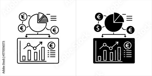 Financial chart with pie chart and bar graph, euro and dollar symbols