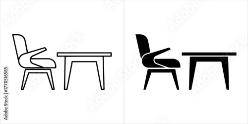 Outline and filled silhouette of a modern armchair and a simple table