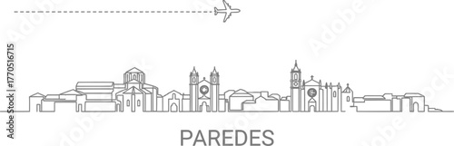 Paredes City Skyline with Airplane and Travel Line