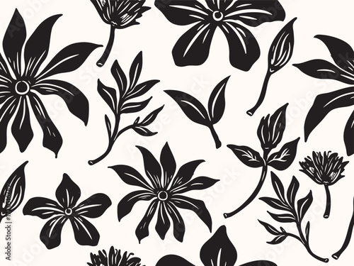 Elegant seamless pattern of black flowers and leaves on a light beige background textiles wallpaper