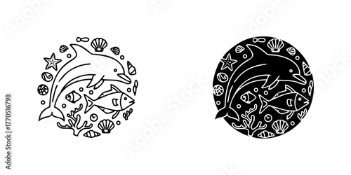 Dolphin and fish swimming among seashells and starfish