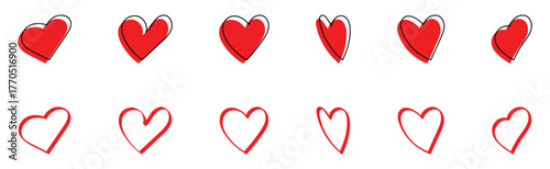 Red valentines-day heart shape hand drawn icons on white background. Isolated abstract collection of love icons on white page. EPS 10. 