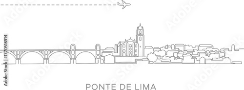 Ponte de Lima Skyline with Airplane and Bridge Line Art