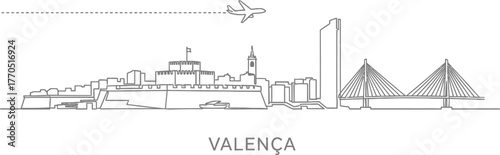 Valença Skyline Line Drawing with Airplane and Bridge