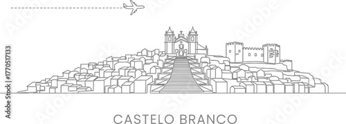 Castelo Branco Portugal Skyline with Airplane and Castle Outline Art