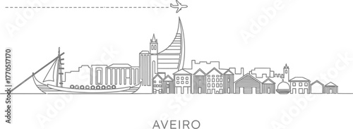 Aveiro Skyline Vector Illustration with Moliceiro Boat and Airplane