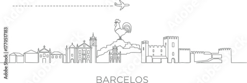 Barcelos Portugal Skyline with Rooster and Airplane