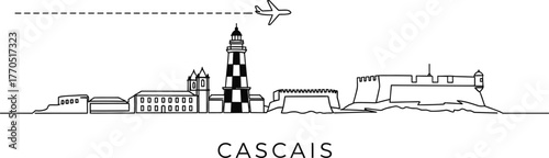 Cascais Skyline with Lighthouse and Fortress, Airplane Travel Vector
