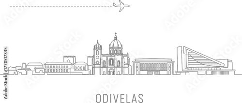 Odivelas Skyline Illustration with Airplane Travel Icon
