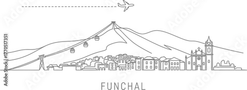 Funchal Skyline with Cable Car and Airplane Line Art