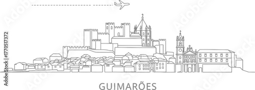 Guimaraes Skyline Outline with Airplane and Contrail