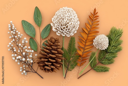 Autumnal Floral Arrangement with Pine Cone on Peach Background