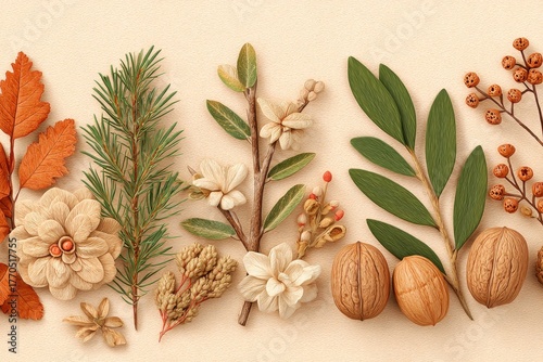 Autumnal Floral Arrangement with Walnuts on Beige Background
