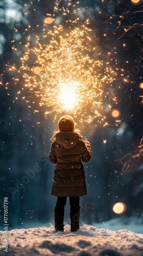 A child with a sparkler illuminates a snowy evening, capturing the magic of winter.