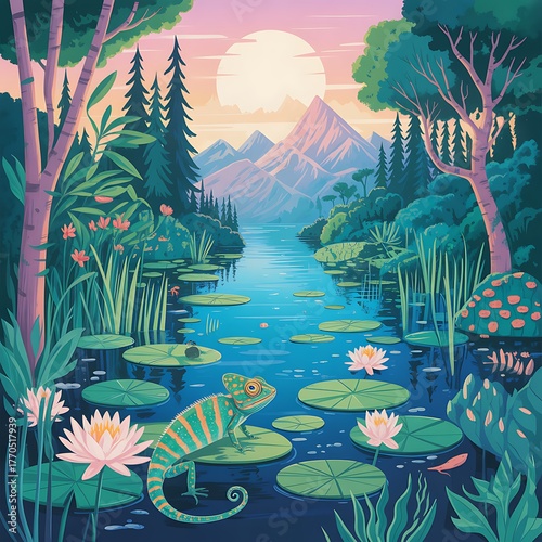 Serene forest lake landscape with chameleon lily pads and gentle sun