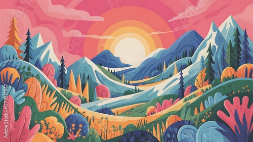 Vibrant sunset over abstract mountainous landscape rolling hills dreamy scenery