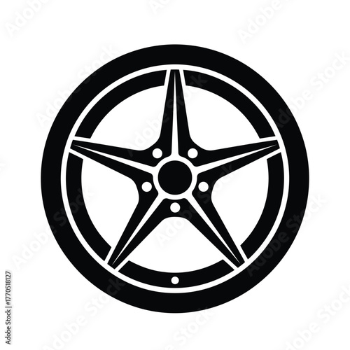 Vector illustration of a black and white graphic illustration of a car wheel rim with five spokes, isolated on a