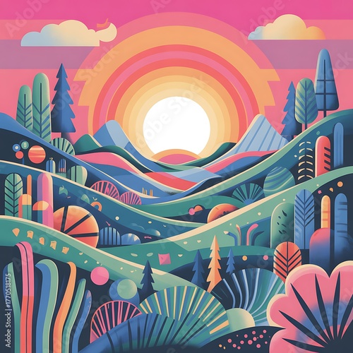 Vibrant sunset over abstract mountainous landscape rolling hills dreamy scenery