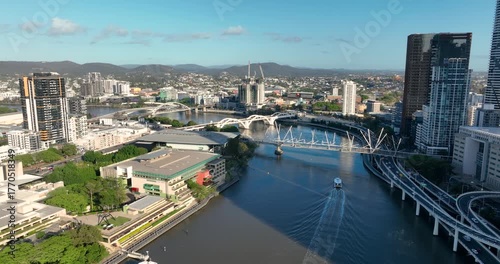 4K Aerial Locked off stationary motion of west side Brisbane CBD, known as South Bank Precinct with new buildings and new pedestrian bridge called Neville Bonner Bridge, Brisbane, QLD, Australia