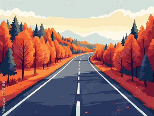 Scenic Road Through Autumn Forest with Mountains in Background