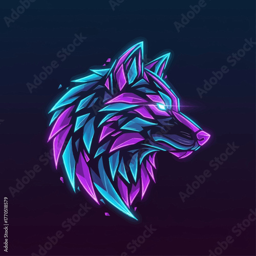 Dynamic neon wolf head art pulses with vibrant purple and cyan energy, embodying fierce power and modern digital style.