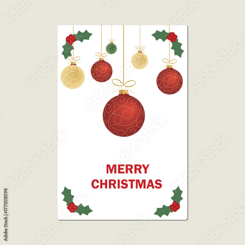 Festive Christmas and New Year greeting card design featuring a Christmas tree, colorful balls, and snowflakes for a winter holiday celebration
