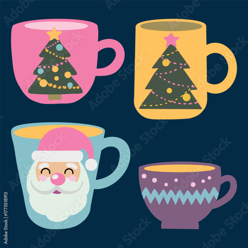 Christmas tree on a mug. Set of tea cups on a blue background.