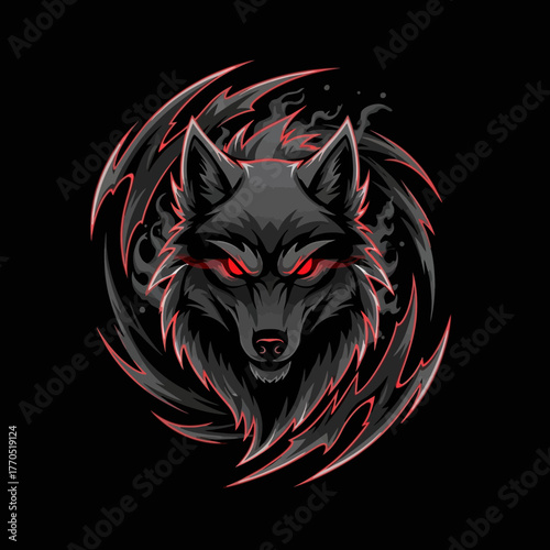 Intense wolf gaze with glowing red eyes and dark aura, perfect for gaming logo or edgy designs, conveying power and mystery on black background