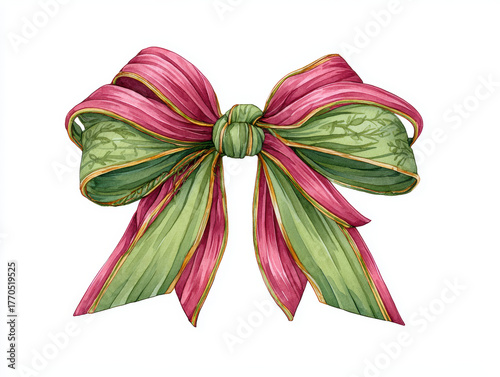 Festive green and pink ribbon bow with gold trim, watercolor texture and delicate pattern, cheerful holiday gift decoration